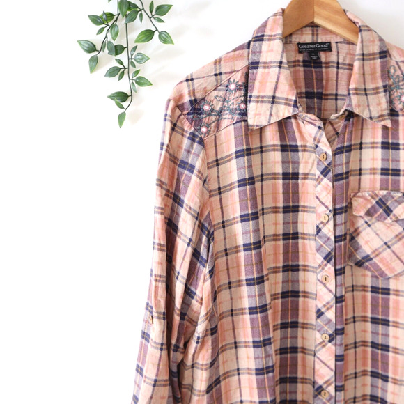 Greater Good Plus Size 2X Beige Pink Purple Plaid Long Sleeve Button Front Top - Picture 3 of 5